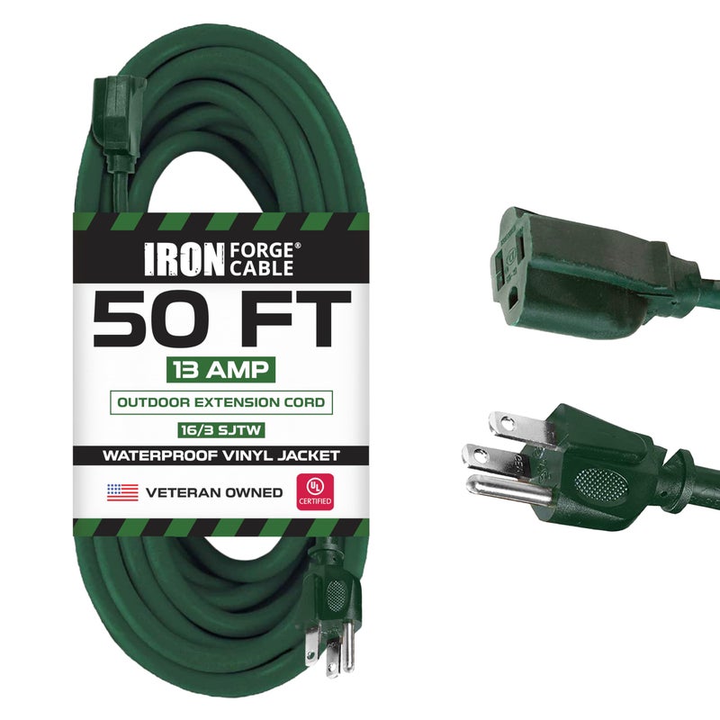 Iron Forge Cable Weatherproof 50 Ft Outdoor Extension Cord - 16/3 SJTW Heavy Duty Green Extension Cord Outdoor 3 Prong - 13 Amp Exterior Power Cable - Image 1